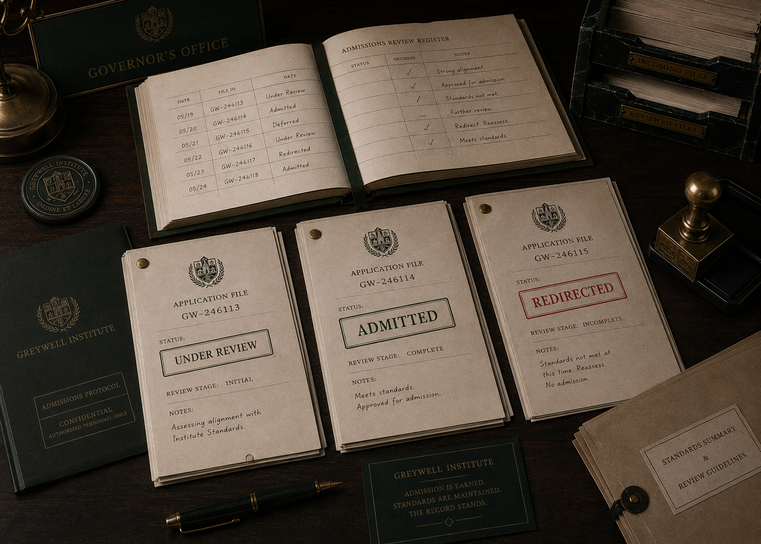 Formal Governor review desk with application files and an admission record