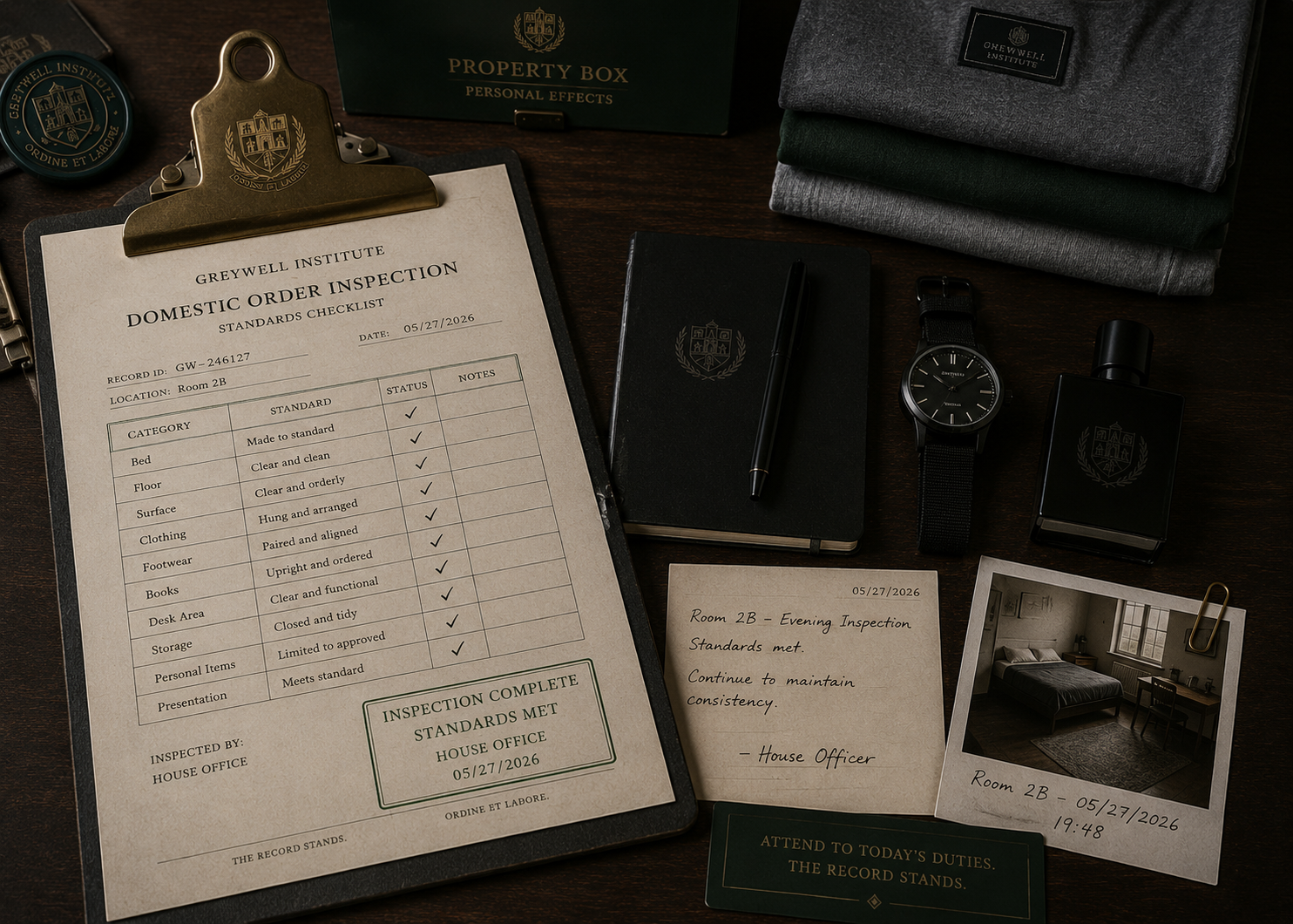 Formal checklist and inspection evidence arranged on an institutional desk