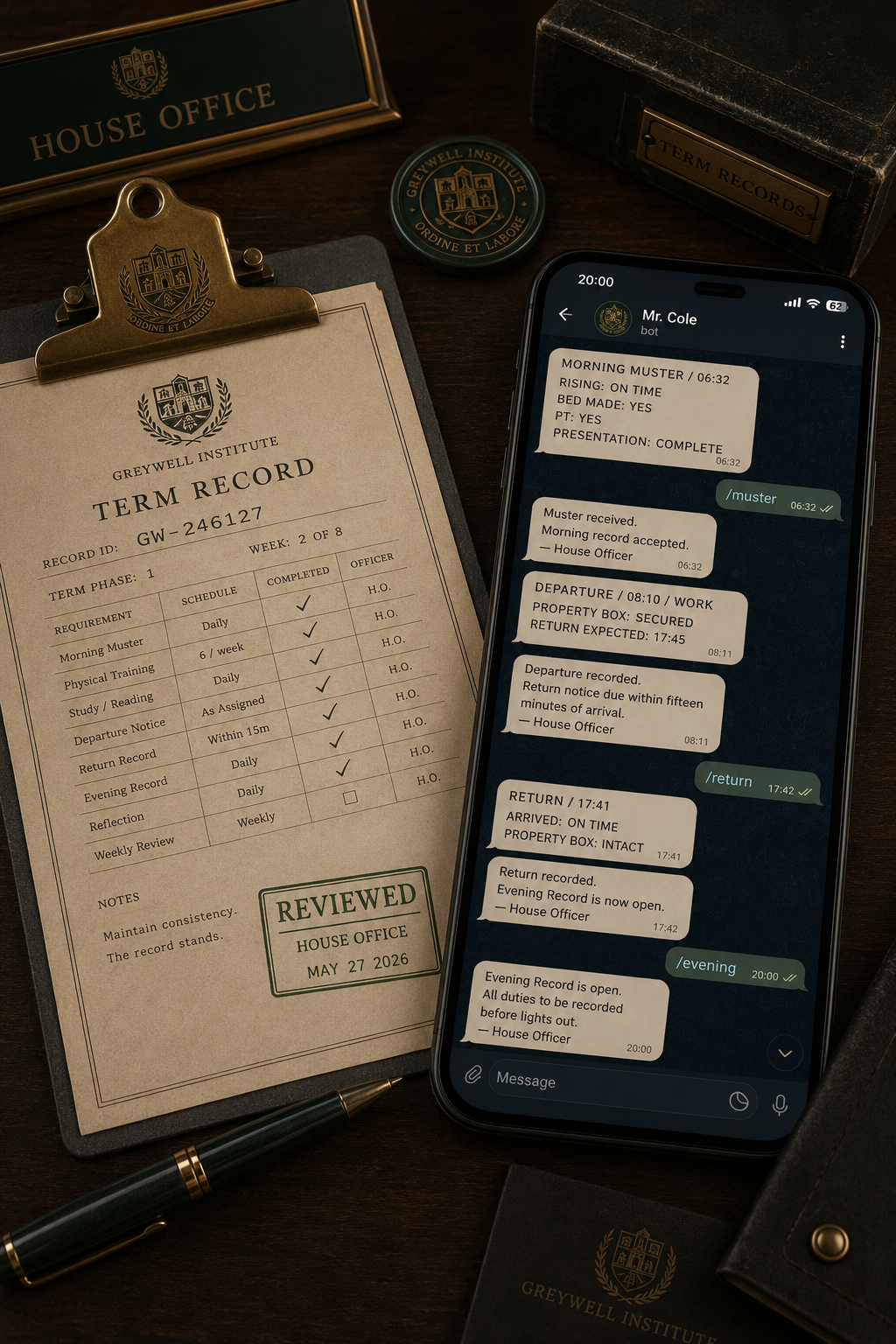 Formal Telegram reporting panel beside a paper compliance record